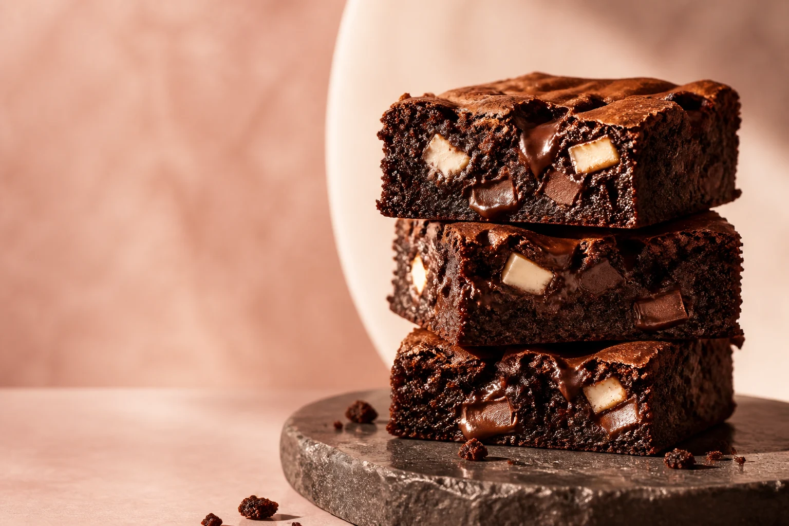 Stack of rich Triple Indulgence brownies with dark, milk and white chocolate pieces